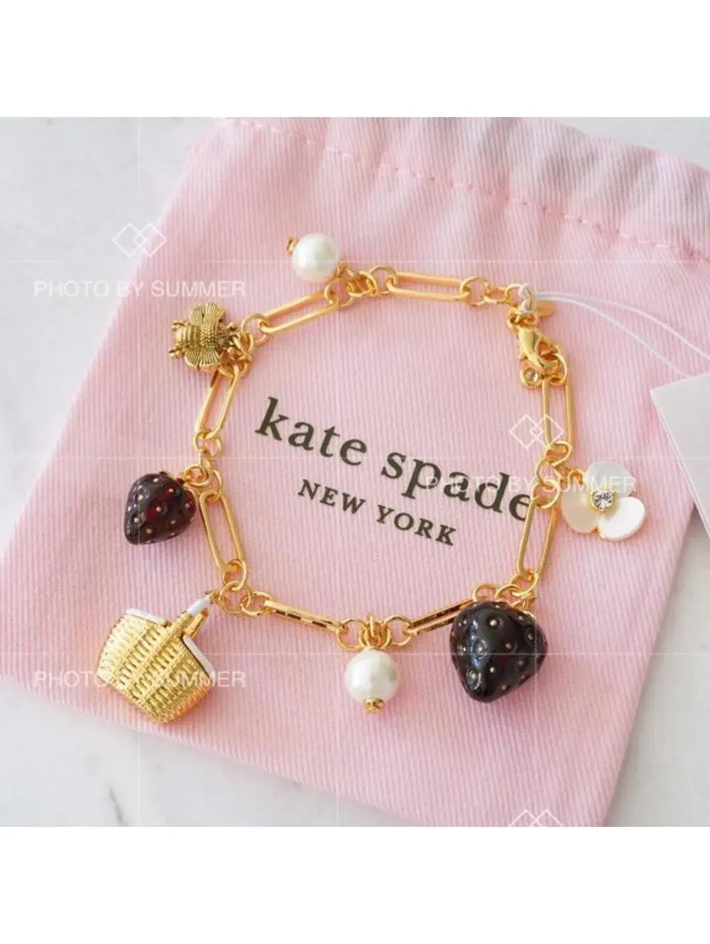 Kate Spade Picnic Perfect Charm Bracelet Strawberry Basket Bee Flower NWT - Picture 6 of 10